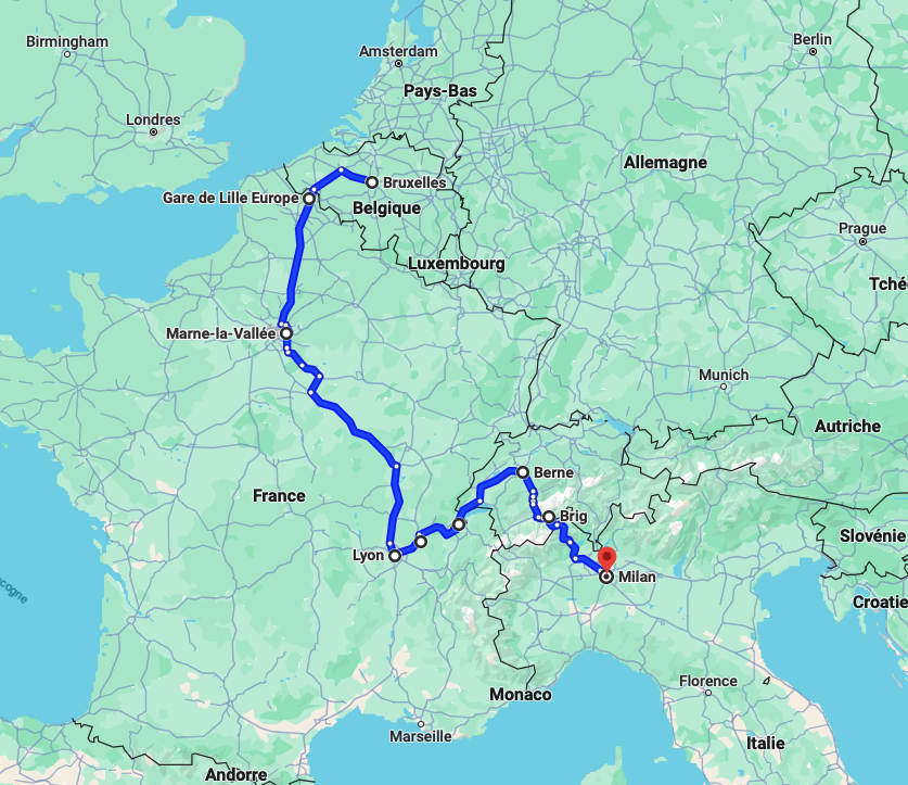 A screenshot from [Google Maps](https://www.google.com/maps) showing the approximate train route I took from Brussels to Milan, through France and Switzerland