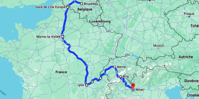 A screenshot from [Google Maps](https://www.google.com/maps) showing the approximate train route I took from Brussels to Milan, through France and Switzerland