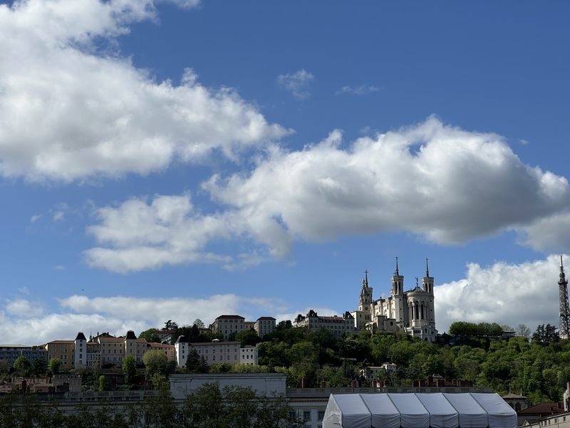 The sky above the Fourviére hill in Lyon, with the Basilique Notre-Dame de Fourvière on the right